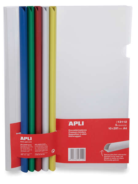 apli pack de 5 encuadernadores deslizantes 10x297mm capacidad de 100 hojas con funda transparente ranura para facil insercion de hojas colores surtidos