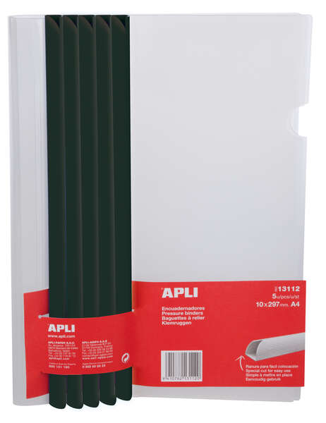 apli pack de 5 encuadernadores deslizantes 10 x 297mm con funda transparente ranura para facil insercion de hojas capacidad para 100 hojas color negro
