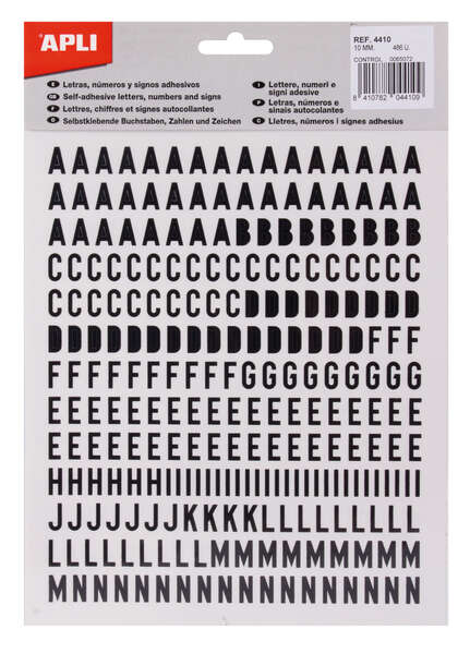 apli letras de palo mayusculas adhesivas altura 10mm color negro pack de 2 hojas con 486 letras
