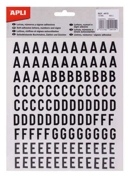 apli letras adhesivas de palo mayusculas altura 15mm pack de 4 hojas con 468 letras color negro