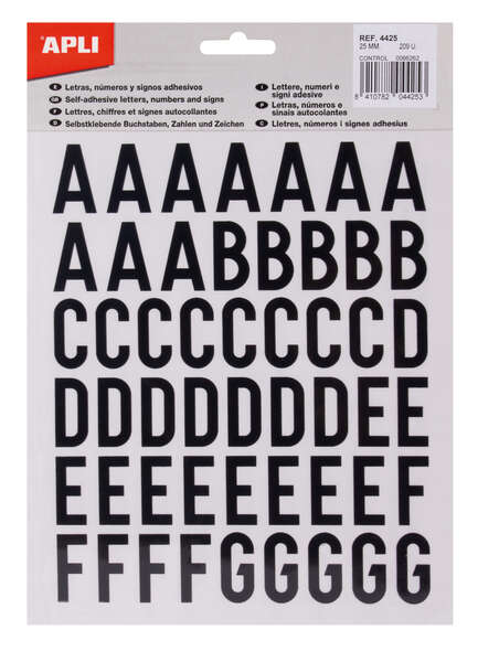 apli letras adhesivas de palo mayusculas altura 25mm color negro pack de 4 hojas con 209 letras