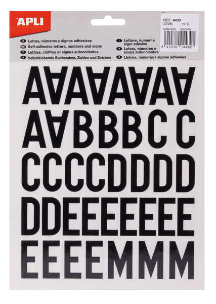 apli letras adhesivas de palo mayusculas altura 30mm color negro pack de 4 hojas con 153 letras