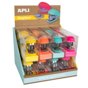 apli expositor de 16 grapadoras fluor collection utiliza grapas 22/6 24/6 incluye 1000 grapas por grapadora colores fluor surtidos