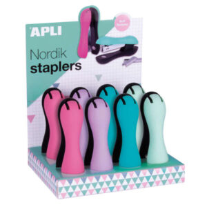 apli nordik collection expositor con 8 grapadoras ergonomicas soft grapas nº22/6 24/6 capacidad de grapado 40 hojas horizontal/vertical colores pastel surtidos