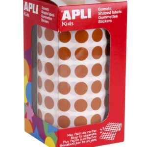 apli rollo con 5.192 gomets redondos Ø 10.5mm ideal para escuelas y talleres infantiles adhesivo permanente base agua normas en 71 y fsc color marron