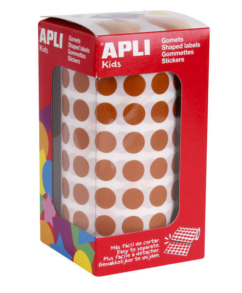 apli rollo con 5.192 gomets redondos Ø 10.5mm ideal para escuelas y talleres infantiles adhesivo permanente base agua normas en 71 y fsc color marron