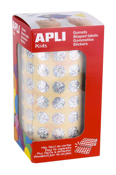 apli gomets redondos holograficos tamaño Ø 10.5mm adhesivo permanente 5192 gomets por rollo ideal para desarrollar habilidades infantiles