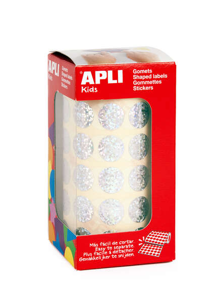 apli gomets redondos holograficos tamaño Ø 15mm adhesivo permanente 59 hojas pretroqueladas desarrolla la psicomotricidad fina y trabaja varias capacidades y habilidades