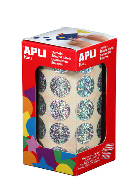 apli gomets redondos holograficos tamaño Ø 20mm adhesivo permanente 59 hojas pretroqueladas 1770 gomets por rollo ideal para escuelas y talleres infantiles