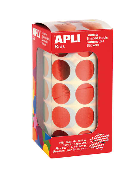apli gomets redondos Ø 20mm rojo metalizado 59 hojas pretroqueladas 1770 gomets por rollo ideal para actividades creativas con niños normas en 71 y fsc adhesivo base agua materiales 100% reciclables