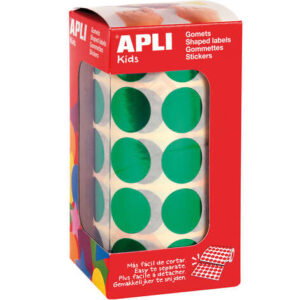apli rollo de 1770 gomets redondos Ø 20mm 59 hojas pretroqueladas adhesivo permanente normas en 71 y fsc adhesivo base agua materiales reciclables color verde metalizado