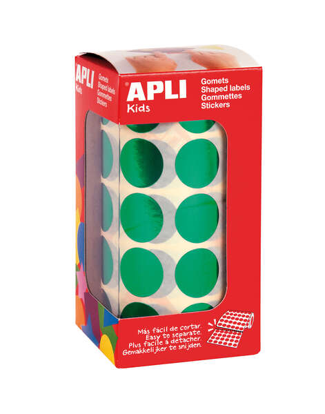 apli rollo de 1770 gomets redondos Ø 20mm 59 hojas pretroqueladas adhesivo permanente normas en 71 y fsc adhesivo base agua materiales reciclables color verde metalizado