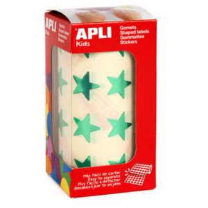 apli gomets estrella verde metalizado tamaño 19.5mm 1416 gomets por rollo adhesivo permanente ideal para escuelas y talleres infantiles cumple con normas de calidad y seguridad