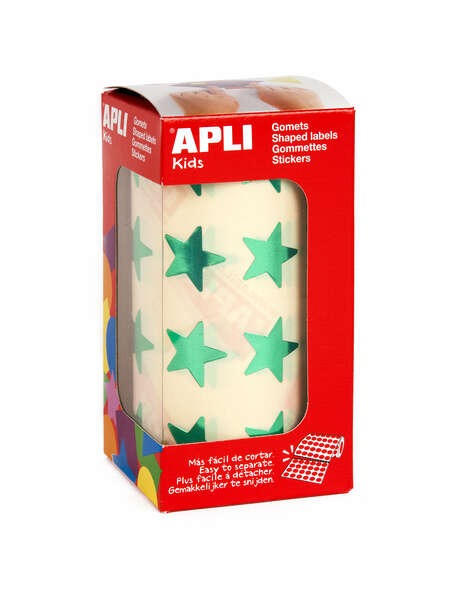 apli gomets estrella verde metalizado tamaño 19.5mm 1416 gomets por rollo adhesivo permanente ideal para escuelas y talleres infantiles cumple con normas de calidad y seguridad