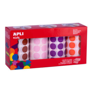 apli pack de 4 rollos de gomets redondos Ø 20mm 1770 gomets por rollo adhesivo permanente 7080 gomets en total ideales para escuelas infantiles colores marron, rosa, lila y naranja