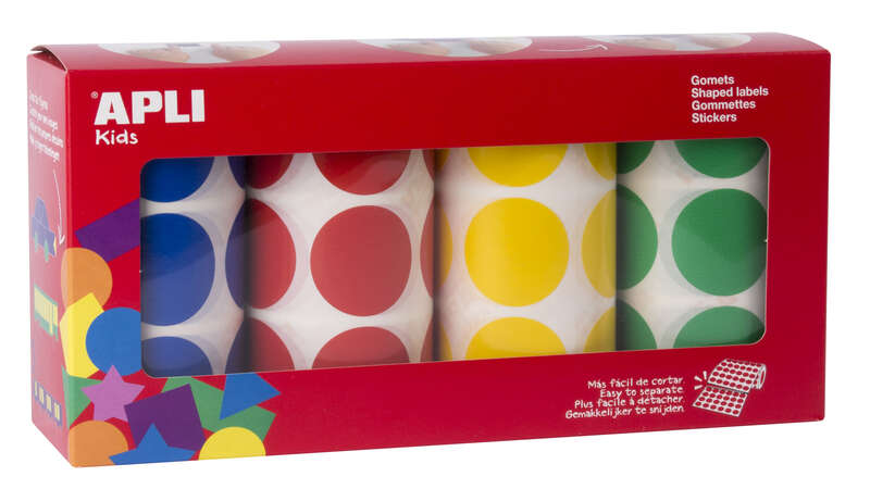 apli gomets redondos Ø 33mm pack de 4 rollos con 2832 gomets adhesivo permanente ideal para desarrollar habilidades en guarderias