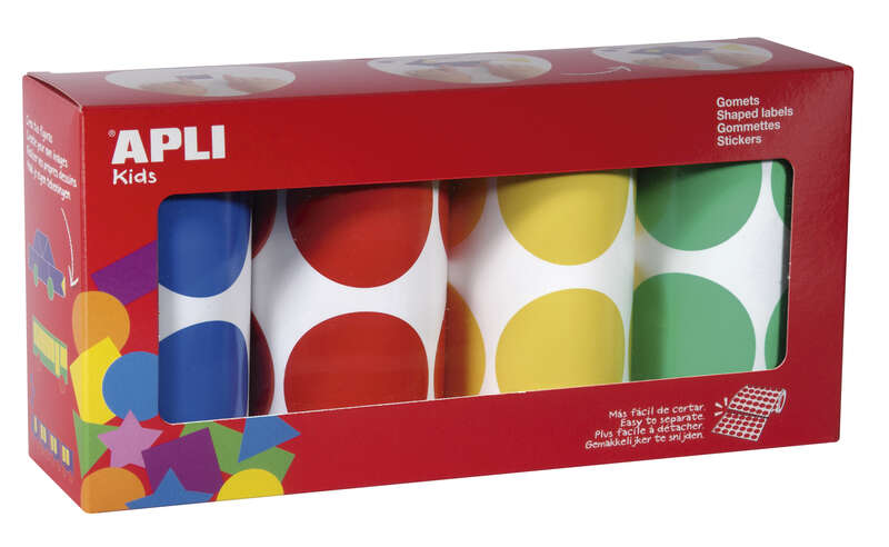 apli pack de 4 rollos de gomets redondos Ø 45mm 354 gomets por rollo adhesivo permanente 1416 gomets en total ideales para escuelas infantiles colores azul, rojo, amarillo y verde