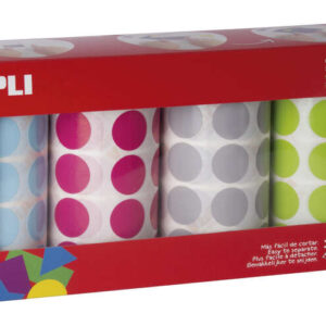 apli pack de 4 rollos de gomets redondos Ø 20mm 1770 gomets por rollo adhesivo permanente 7080 gomets en total ideales para escuelas infantiles colores azul claro, fucsia, gris y verde claro