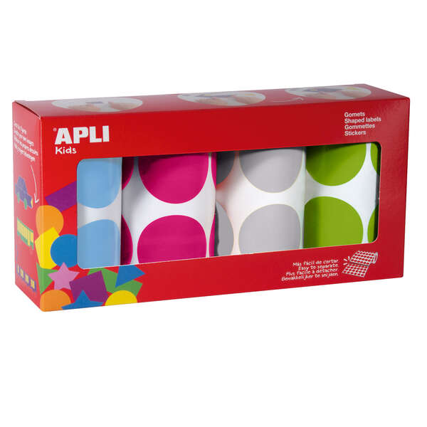 apli pack de 4 rollos de gomets redondos Ø 45mm 1416 gomets por pack adhesivo permanente desarrollo de habilidades en niños pequeños colores surtidos