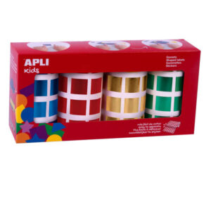 apli gomets cuadrados metalizados tamaño 20mm adhesivo permanente 4 rollos con 5.640 gomets en colores surtidos