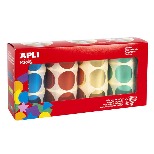 apli pack de 2.256 gomets redondos Ø 33mm 4 rollos de 564 gomets adhesivo permanente ideal para escuelas infantiles y colegios colores metalizados surtidos