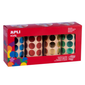 apli pack de 5.640 gomets redondos Ø 20mm 4 rollos de 1.410 gomets adhesivo permanente ideal para escuelas infantiles y colegios colores metalizados surtidos