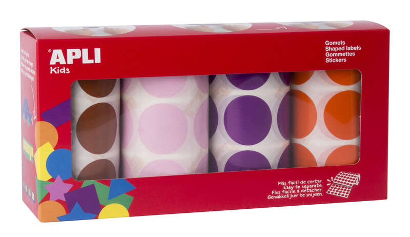 apli pack de 4 rollos de gomets redondos Ø 33mm 708 gomets por rollo adhesivo permanente 2832 gomets en total ideales para escuelas infantiles colores marron, rosa, lila y naranja