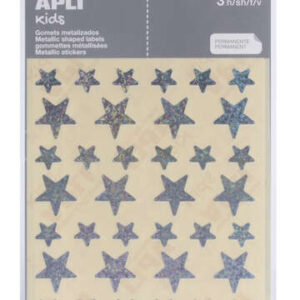 apli bolsa de gomets estrella 12.5mm x 19.5mm holograficos con adhesivo permanente 3 hojas y 120 gomets cumplen normas en 71 y fsc adhesivo base agua papeles ecf materiales 100% reciclables