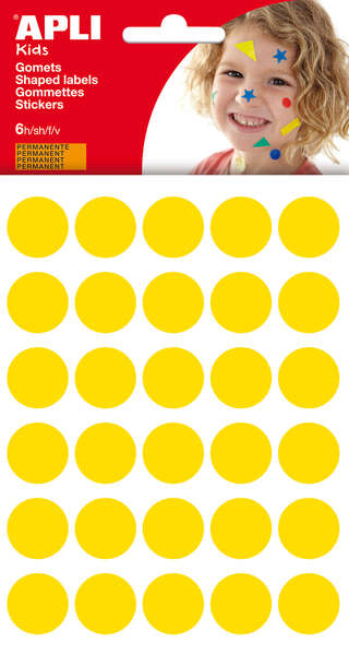 apli bolsa de 180 gomets redondos Ø 20mm adhesivo permanente desarrollo de habilidades y creatividad ideal para escuelas infantiles color amarillo