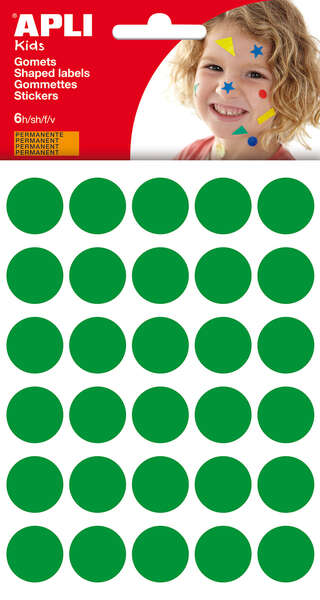 apli bolsa de 180 gomets redondos Ø 20mm adhesivo permanente desarrollo de habilidades y creatividad ideal para escuelas infantiles color verde