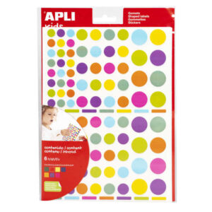 apli gomets redondos adhesivo removible Ø 10mm, Ø 14mm y Ø 20mm 624 gomets por bolsa desarrollo de habilidades y creatividad adhesivo base agua libre de disolventes colores surtidos