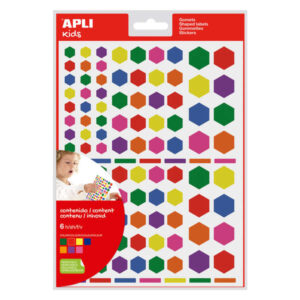 apli gomets hexagonales removibles 3 tamaños surtidos 624 gomets por bolsa desarrollo de habilidades y creatividad colores: verde, amarillo, lila, rojo, naranja, rosa y azul