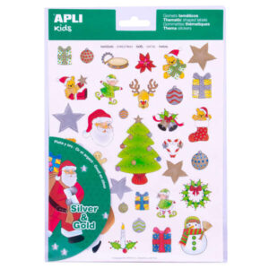 apli pack con 99 gomets de tematica navideña ilustraciones educativas adhesivo removible tinta en acabado oro y plata materiales 100% reciclables
