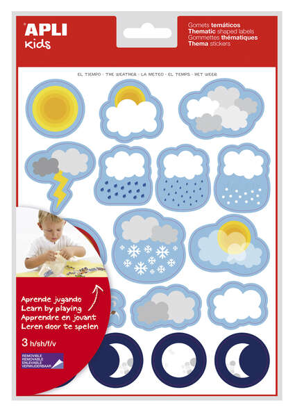 apli bolsa de gomets tematicos el tiempo 51 gomets en 3 hojas adhesivo removible desarrollados con educadores adhesivo base agua libre de disolventes divertidas ilustraciones enriquece vocabulario habilidades motoras coloridos