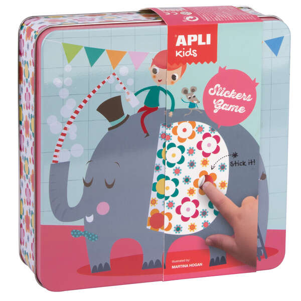 apli kids juego de gomets elefante 16 laminas para rellenar con gomets 10 hojas de gomets removibles de formas geometricas alto valor didactico caja metalica diseño exclusivo recomendado a partir de 3 años