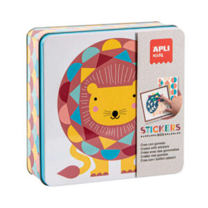 apli juegos de gomets leon incluye 16 laminas y 14 hojas de gomets removibles estimula la psicomotricidad fina y el pensamiento matematico caja metalica exclusiva apli kids colorido diseño leon