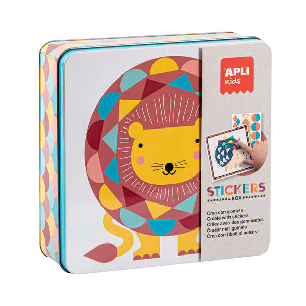apli juegos de gomets leon incluye 16 laminas y 14 hojas de gomets removibles estimula la psicomotricidad fina y el pensamiento matematico caja metalica exclusiva apli kids colorido diseño leon