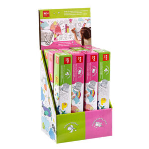 apli expositor de rollos de papel adhesivo para pegar y colorear tamaño 30cmx4m 12 rollos con diseños de transportes y candy land adhesivo removible alto valor didactico color blanco y negro