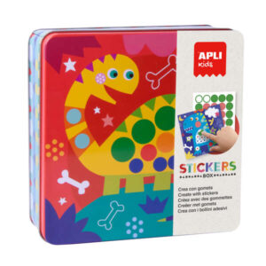 apli kids juego de gomets dino incluye 8 laminas ilustradas 8 hojas de gomets removibles caja metalica exclusiva