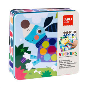 apli juegos de gomets perros en caja metalica incluye 8 laminas ilustradas y 8 hojas de gomets removibles alto valor didactico colorido