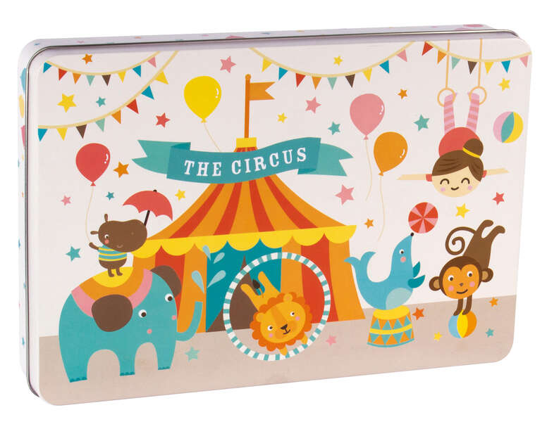 apli kids puzzle tematica circo 24 piezas de 8x8cm diseño exclusivo de lily lane facil manejo para niños carton de 2mm con acabado brillante caja metalica rectangular