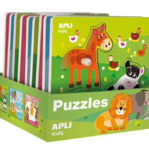 apli expositor de puzles de madera encajables tematica infantil animales 20x20 cm 9 puzles con guia impresa alto valor didactico exclusiva ilustracion liza lewis color natural