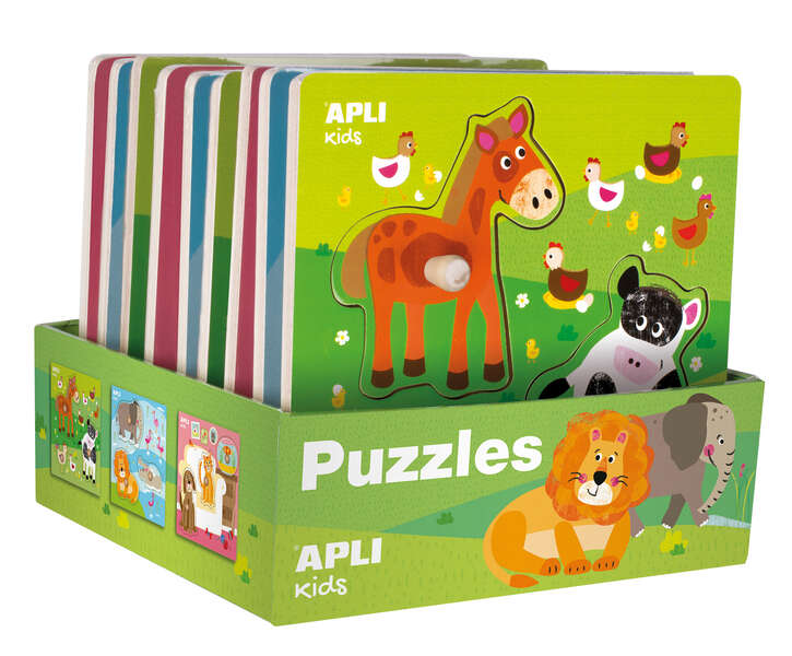 apli expositor de puzles de madera encajables tematica infantil animales 20x20 cm 9 puzles con guia impresa alto valor didactico exclusiva ilustracion liza lewis color natural