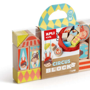 apli juego de bloques de madera apilables modelo circo 16 piezas con bolsa de tela pino de alta calidad con impresion a todo color estimula sentidos y motricidad fina color natural