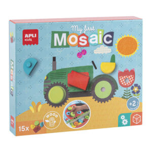apli mosaico educativo de madera 15 piezas de diferentes formas y colores 5 laminas con diseños tamaño de laminas: 280x180x2mm caja con 2 compartimentos color natural