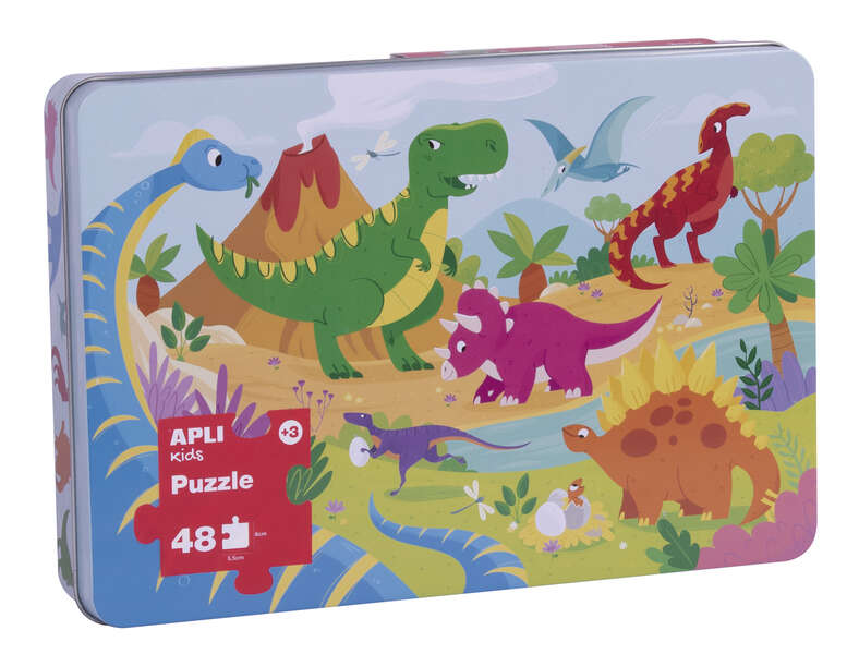 apli kids puzle dinosaurios 48 piezas de 5.5x6cm caja metalica rectangular diseño exclusivo infantil, colorido, claro y simple piezas resistentes y seguras grosor de 2mm con acabado brillante e indiana en el dorso