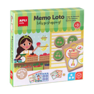 apli memo loto juego de memoria y deduccion el objetivo es completar una lista de compra con 4 articulos de jugueteria, fruteria, panaderia y floristeria fabricado en madera a partir de 3 años
