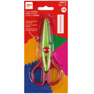 apli kids zigzag tijera de acero inoxidable 13cm realiza el corte en forma de zigzag punta redondeada uso ambidiestro color verde/rojo