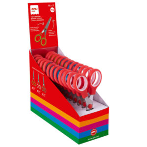 apli kids expositor de 12 tijeras escolares 13cm punta redondeada aros simetricos de plastico uso ambidiestro colores surtidos