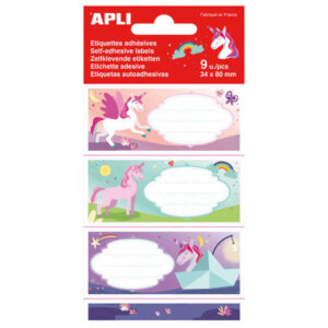 apli etiquetas adhesivas escolares unicornios tamaño 81x36mm 9 etiquetas (3 por diseño) adhesivo permanente de alta calidad ideal para marcar e identificar libros, cuadernos, carpetas, etc color multicolor
